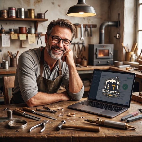 Goldschmied an seiner Werkbank mit Werk Kontor auf dem Laptop