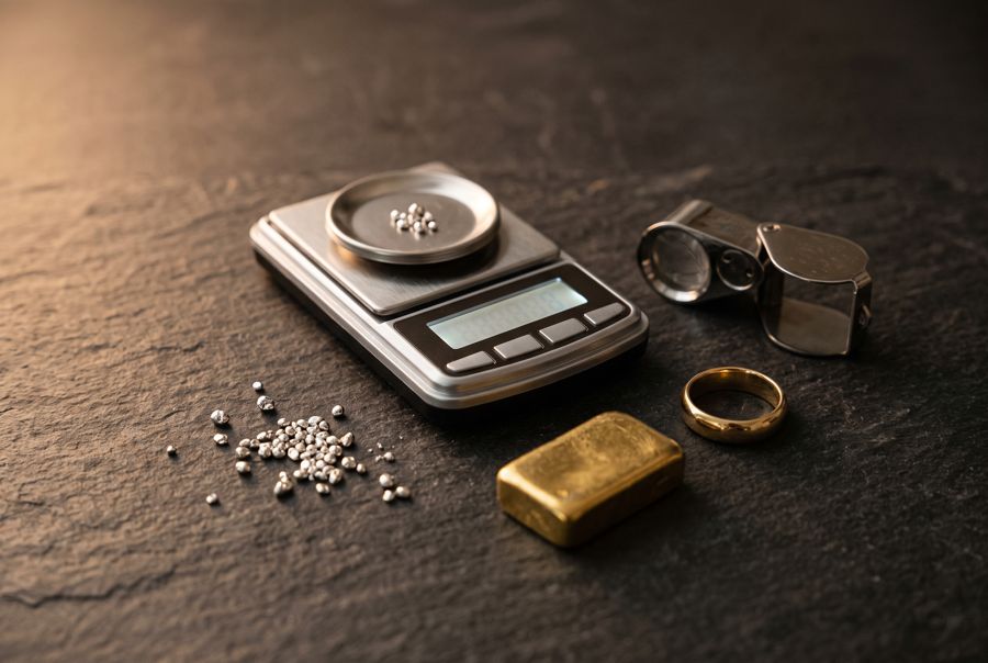 Goldbarren, Feinsilber, Waage, Lupe und Goldring (Symbolbild, mit KI erstellt)