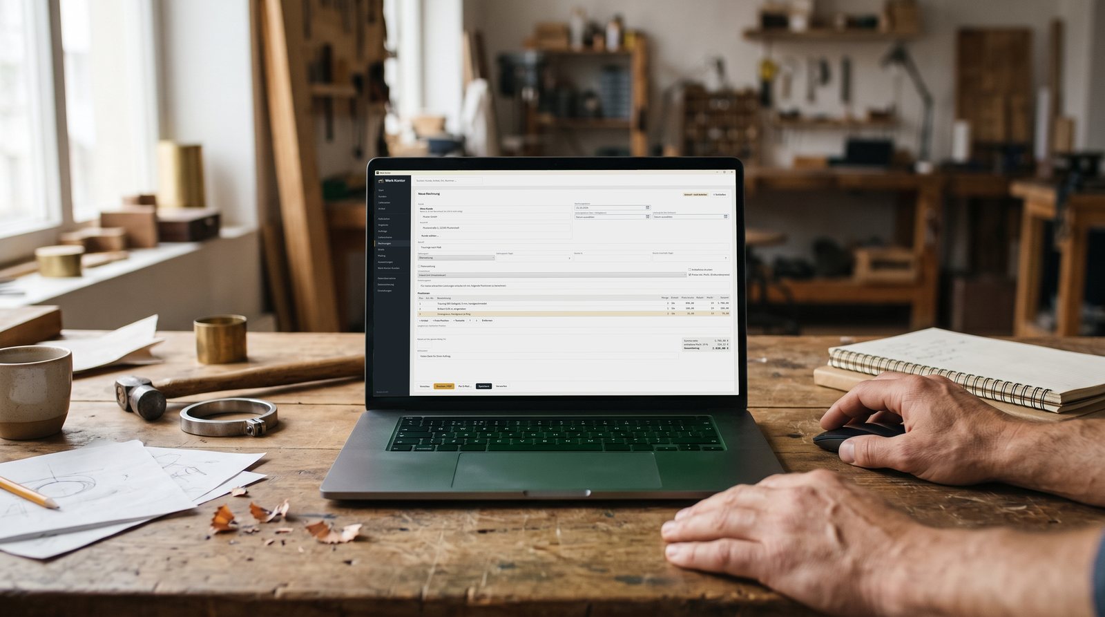 Laptop auf einer Werkbank, auf dem Bildschirm eine Rechnung in Werk Kontor, eine Hand liegt auf der Maus